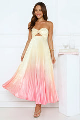 Melting Sunset Satin Strapless Maxi Dress Yellow