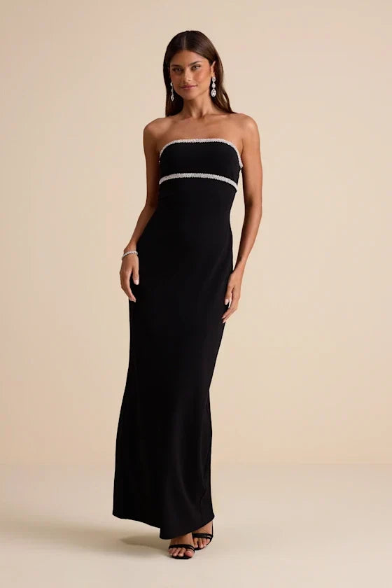 Kassine Black Rhinestone Cutout Strapless Maxi Dress