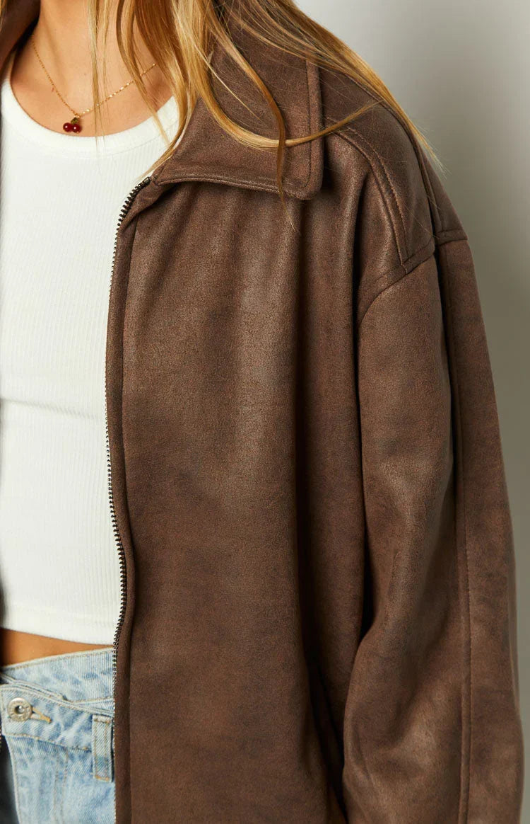 Abbi Brown Faux Suede Bomber Jacket