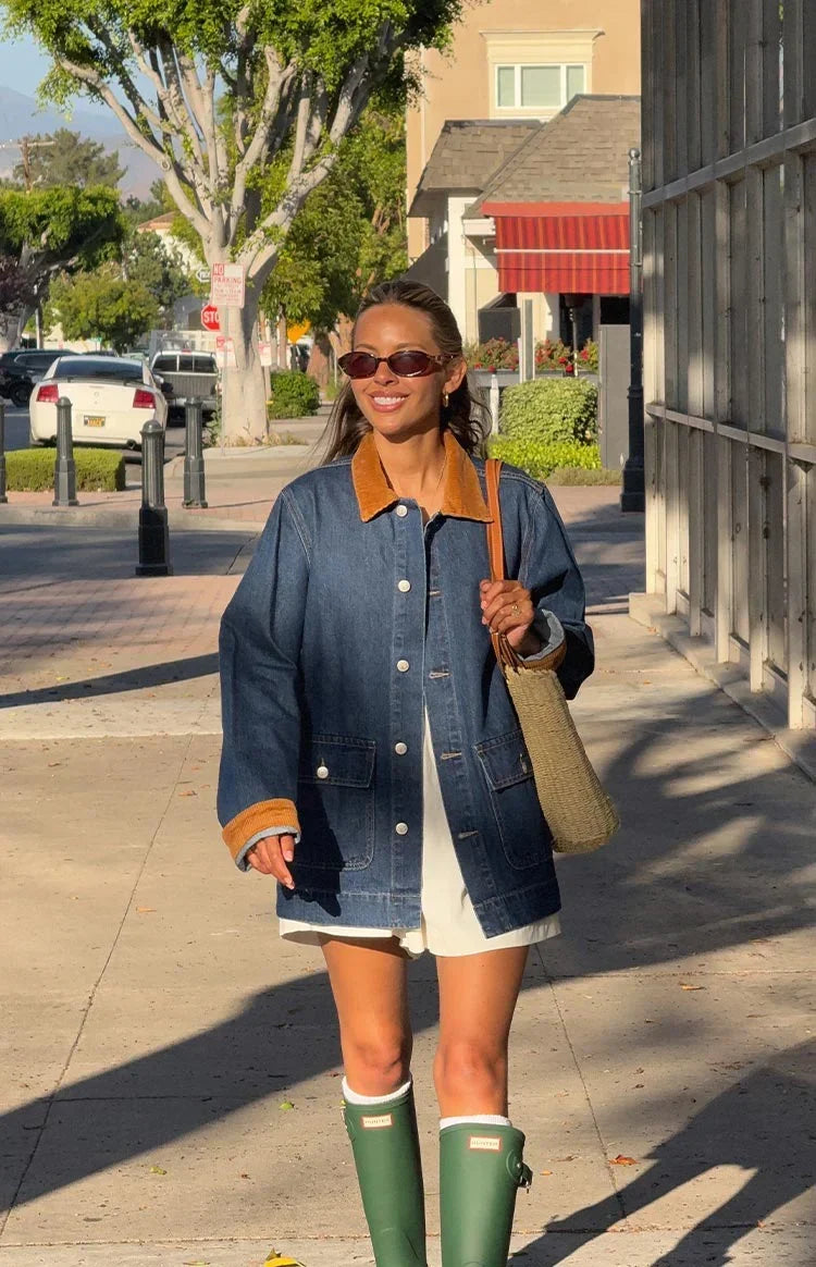Hendrick Mid Wash Denim Cord Trim Oversized Jacket