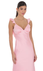 Satin Ruffle Open Back Maxi Dress in Pink