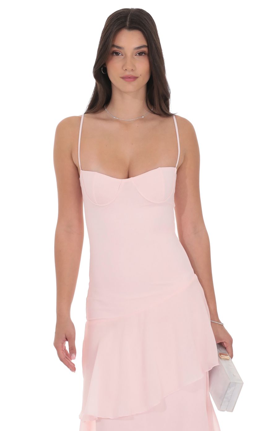 Long Ruffle Maxi Dress in Pastel Pink
