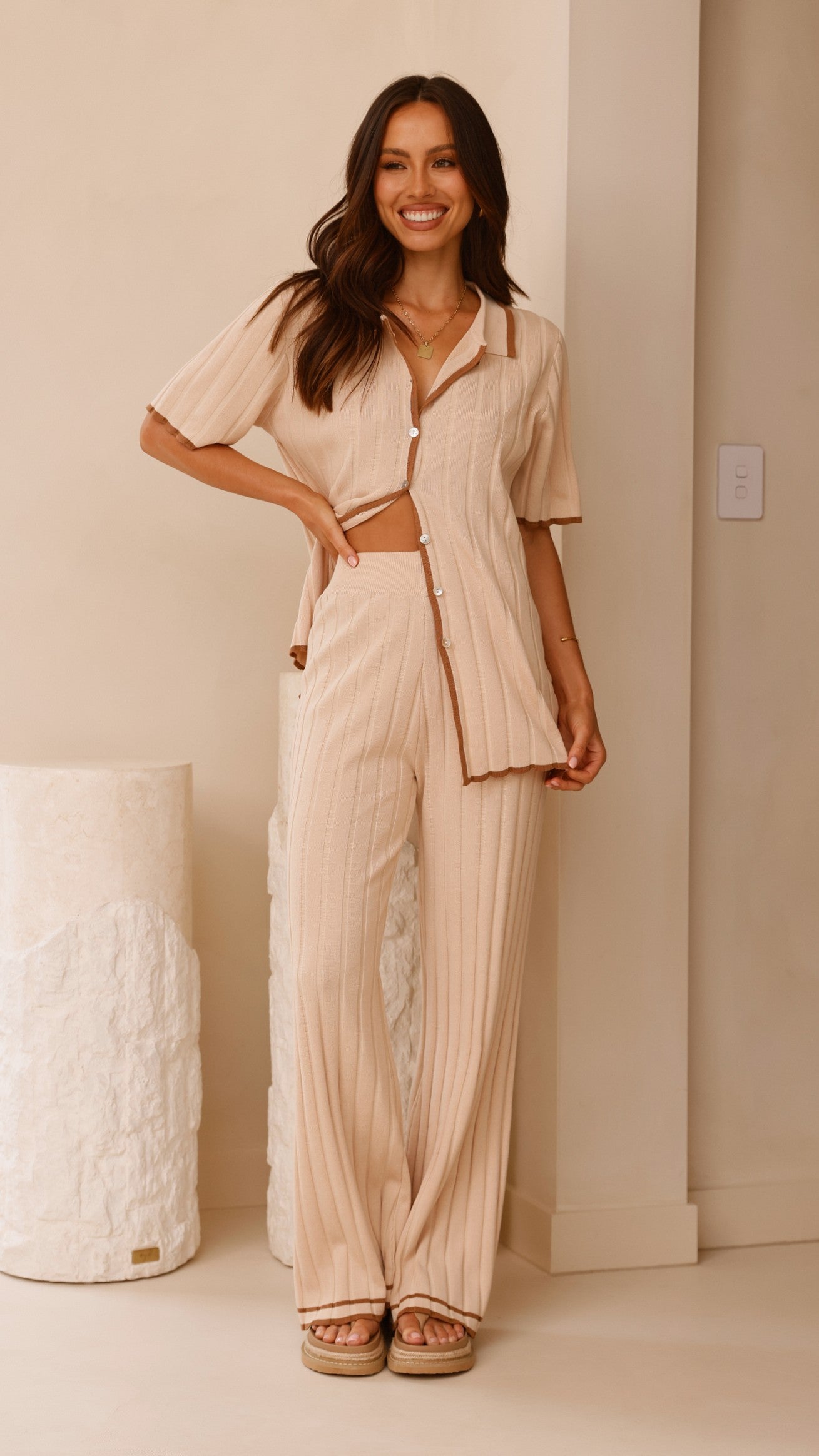 Shaylie Wide Leg Pants - Beige