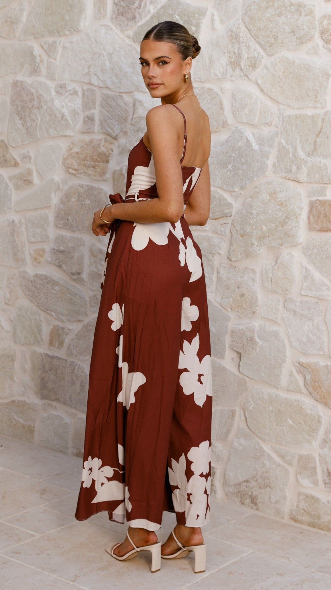 Carson Front Spilt Strapless Jumpsuit - Merlot Floral