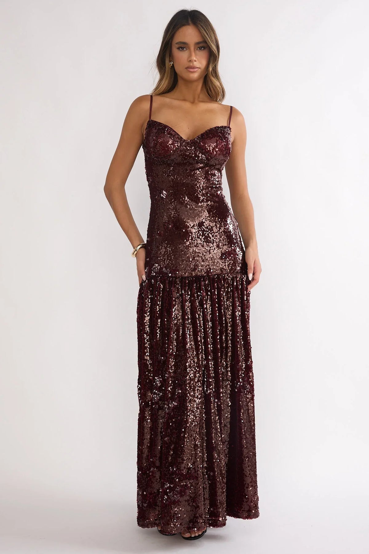 Miller Drop Waist Sequin Maxi Dress Burgundy