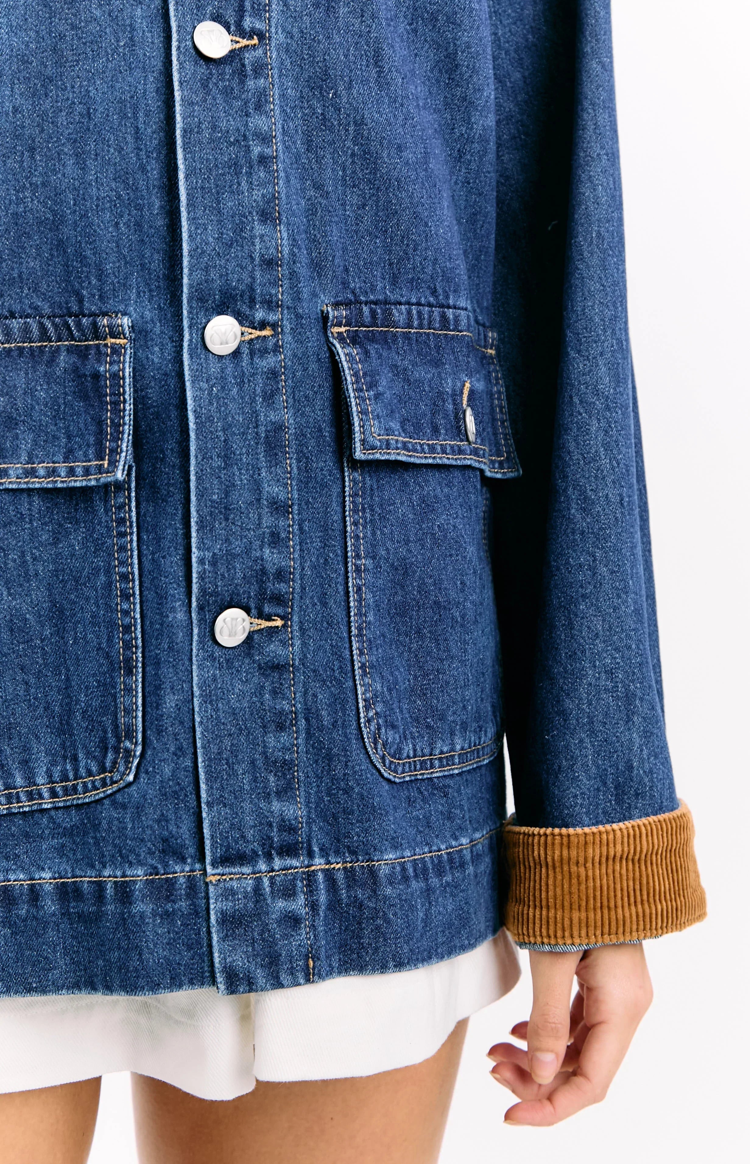 Hendrick Mid Wash Denim Cord Trim Oversized Jacket