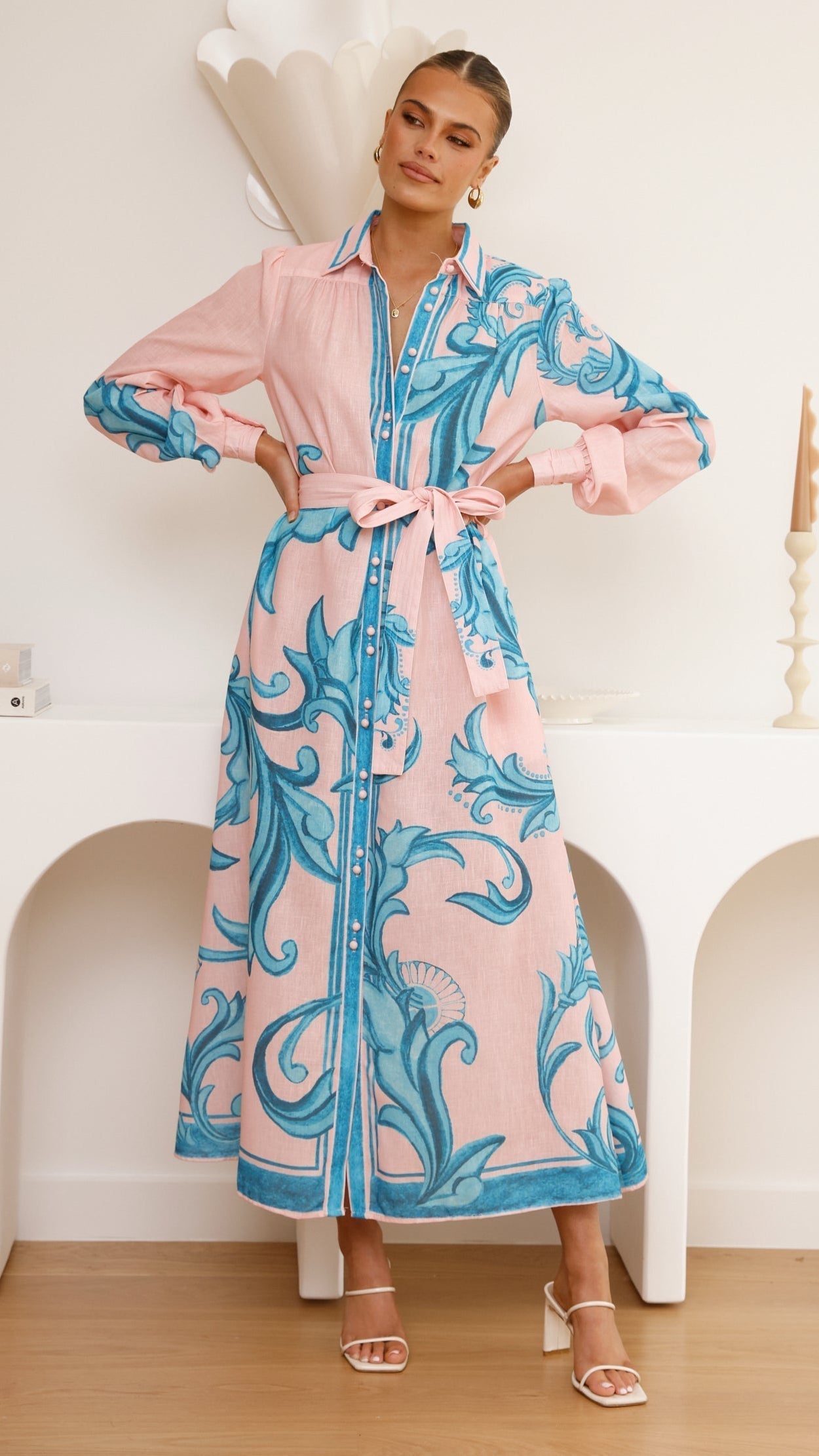 Lucia Long Sleeve Maxi Dress - Aqua/Pink Print