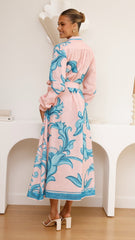 Lucia Long Sleeve Maxi Dress - Aqua/Pink Print