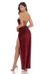 Strapless Velvet Sequin Bust Maxi Dress in Maroon