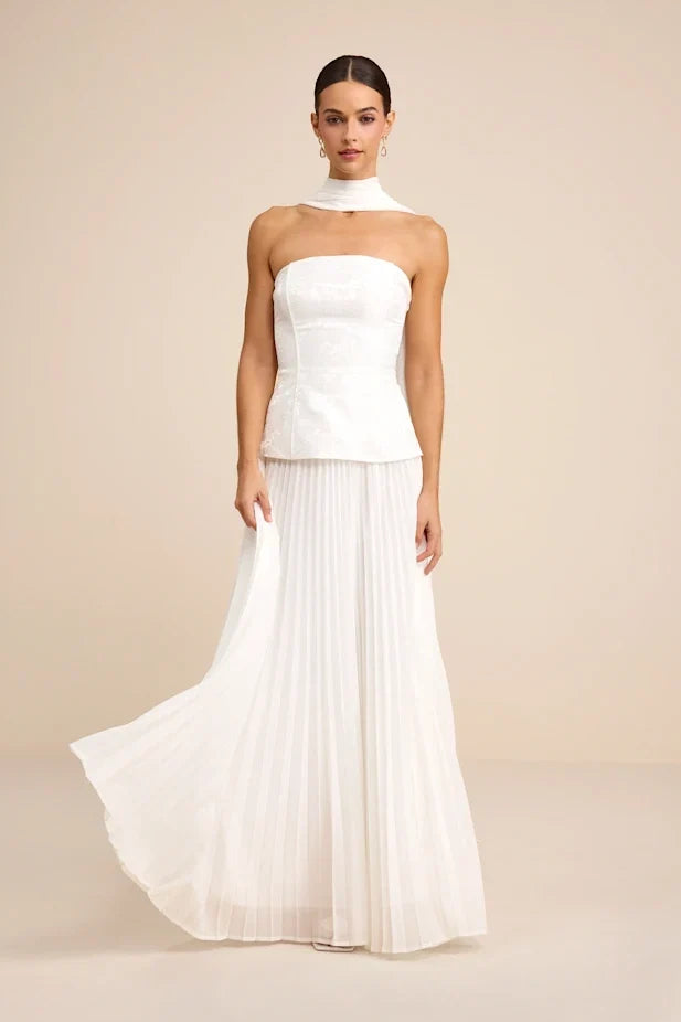 Eloise White Jacquard Pleated Maxi Dress and Scarf Set